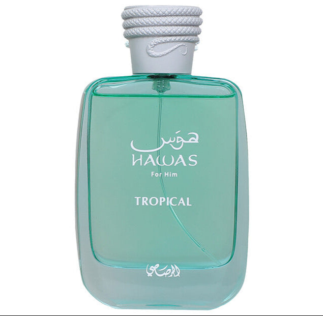 Perfume bottle labeled 'Haluas Tropical' on a white background