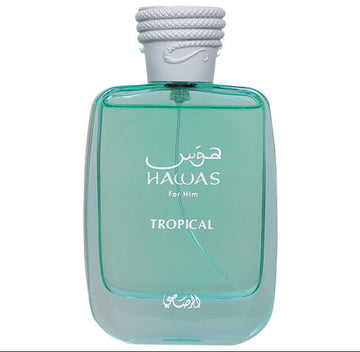 Perfume bottle labeled 'Haluas Tropical' on a white background